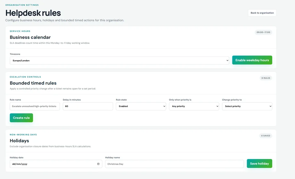 SysKeep business hours, bounded helpdesk rules and holiday configuration