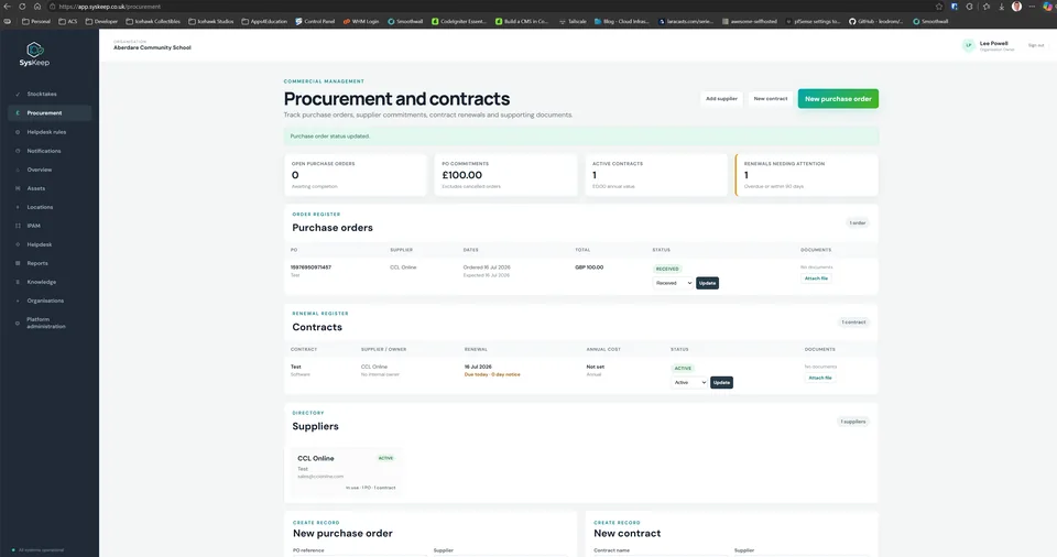 SysKeep procurement dashboard with purchase orders, contracts and suppliers